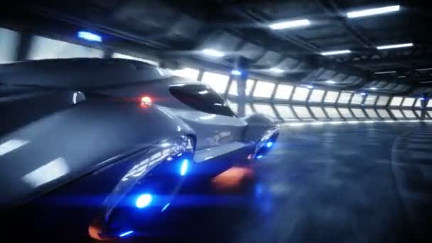 Futuristische vliegende auto snel rijden in sci fi tunnel, coridor. Concept van de toekomst. Realistische 4 k-animatie. — Stockvideo