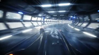 uçan araba sci fi tünelde, koridor sürüş hızlı fütüristik. Gelecek kavramı. Gerçekçi 4 k animasyon.