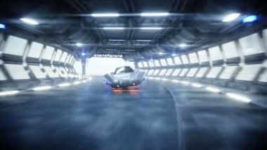 uçan araba sci fi tünelde, koridor sürüş hızlı fütüristik. Gelecek kavramı. Gerçekçi 4 k animasyon.