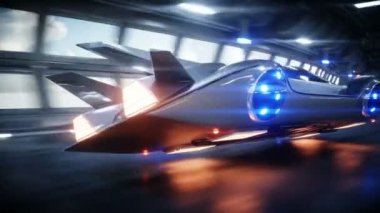 uçan araba sci fi tünelde, koridor sürüş hızlı fütüristik. Gelecek kavramı. Gerçekçi 4 k animasyon.