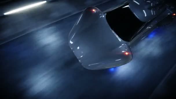 Futuristic flying car fast driving in sci fi tunnel, coridor. Concept of future. Realistic 4k animation. — Stock Video