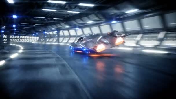 Futuriste voiture volante conduite rapide dans le tunnel de science-fiction, coridor. Concept d'avenir. Animation réaliste 4k . — Video