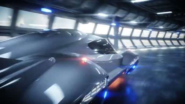 Futuristic flying car fast driving in sci fi tunnel, coridor. Concept of future. Realistic 4k animation. — Stock Video