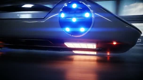 Futuristische vliegende auto snel rijden in sci fi tunnel, coridor. Concept van de toekomst. Realistische 4 k-animatie. — Stockvideo