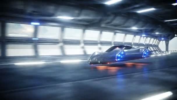 Futuristic flying car fast driving in sci fi tunnel, coridor. Concept of future. Realistic 4k animation. — Stock Video