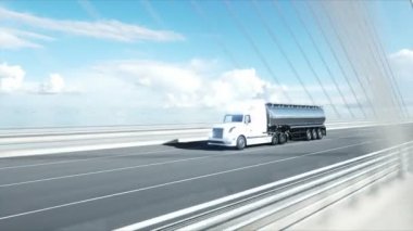 Benzin tankeri, römork, karayolu üzerinde kamyon 3d modeli. Çok hızlı sürüş. Gerçekçi 4k animasyon. Yağ konsepti.