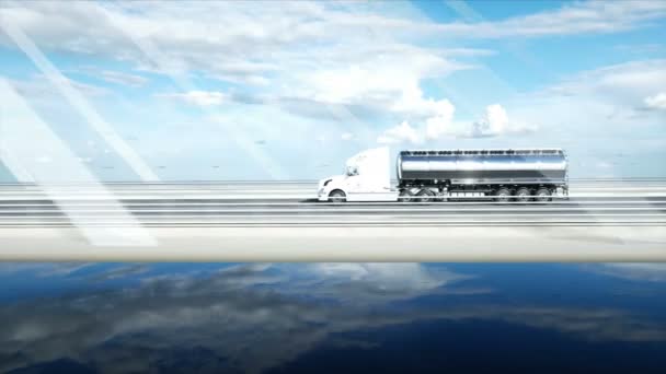 3D-model van benzine tanker, trailer, vrachtwagen op de snelweg. Zeer snel rijden. Realistische 4k-animatie. Oil concept. — Stockvideo
