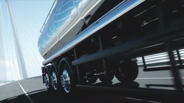 Model 3D cysterna benzynowy, przyczepa, ciężarówka na autostradzie. Bardzo szybka jazda. Realistyczna animacja 4K. Koncepcja oleju. — Wideo stockowe