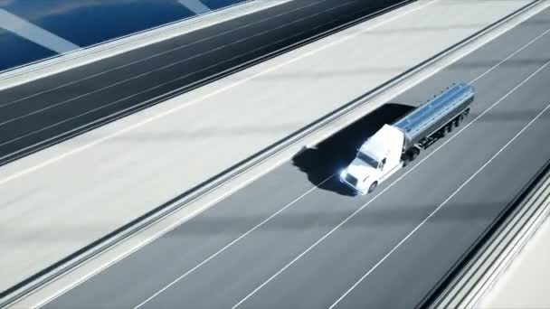 3D模型汽油车，拖车，卡车在高速公路上。驾驶速度非常快。逼真的 4k 动画。油概念. — 图库视频影像