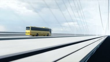 Köprüde otobüs 3d modeli. Çok hızlı sürüş. 4k animasyon.