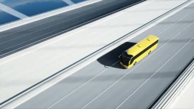 Köprüde otobüs 3d modeli. Çok hızlı sürüş. 4k animasyon.