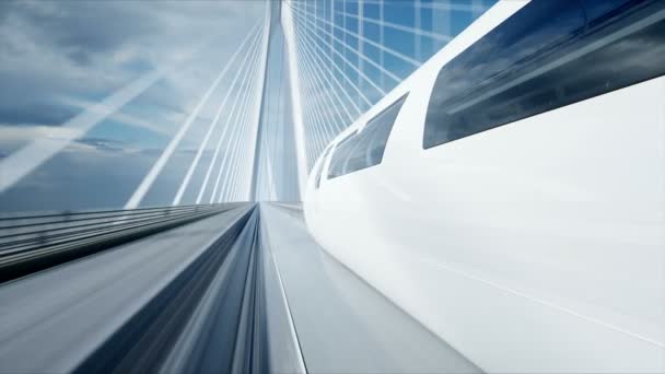 Modèle 3D de train de voyageurs futuriste sur le pont. Conduite très rapide. Concept futur. Animation réaliste 4k . — Video