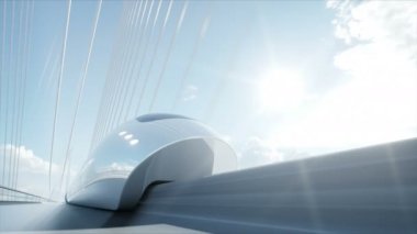 Köprüde fütüristik yolcu treninin 3d modeli. Çok hızlı sürüş. Gelecek kavramı. Gerçekçi 4k animasyon.