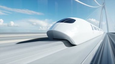 Köprüde fütüristik yolcu treninin 3d modeli. Çok hızlı sürüş. Gelecek kavramı. Gerçekçi 4k animasyon.
