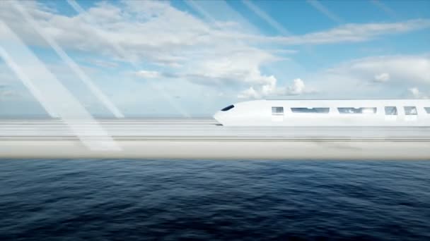 Modèle 3D de train de voyageurs futuriste sur le pont. Conduite très rapide. Concept futur. Animation réaliste 4k . — Video