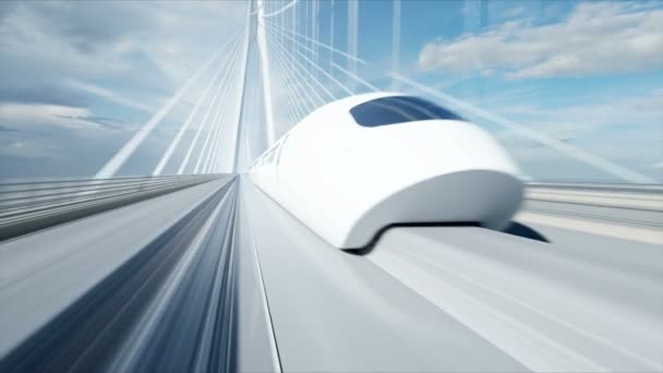 Modèle 3D de train de voyageurs futuriste sur le pont. Conduite très rapide. Concept futur. Animation réaliste 4k . — Video