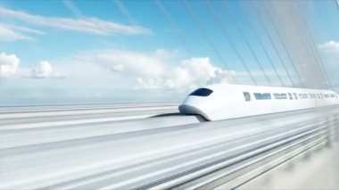 Köprüde fütüristik yolcu treninin 3d modeli. Çok hızlı sürüş. Gelecek kavramı. Gerçekçi 4k animasyon.
