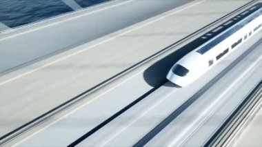 Köprüde fütüristik yolcu treninin 3d modeli. Çok hızlı sürüş. Gelecek kavramı. Gerçekçi 4k animasyon.