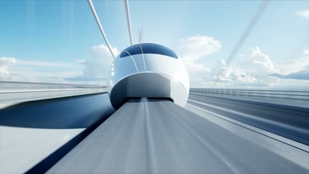 Modèle 3D de train de voyageurs futuriste sur le pont. Conduite très rapide. Concept futur. Animation réaliste 4k . — Video