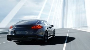 Köprüde siyah spor araba 3d modeli. Çok hızlı sürüş. gerçekçi 4k animasyon.