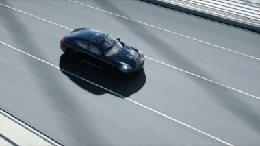 Köprüde siyah spor araba 3d modeli. Çok hızlı sürüş. gerçekçi 4k animasyon.