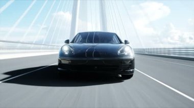 Köprüde siyah spor araba 3d modeli. Çok hızlı sürüş. gerçekçi 4k animasyon.