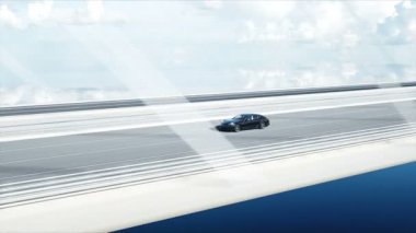 Köprüde siyah spor araba 3d modeli. Çok hızlı sürüş. gerçekçi 4k animasyon.