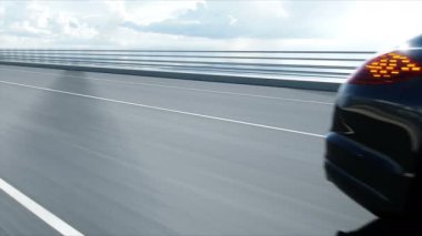 Köprüde siyah spor araba 3d modeli. Çok hızlı sürüş. gerçekçi 4k animasyon.