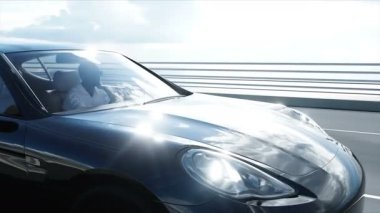 Köprüde siyah spor araba 3d modeli. Çok hızlı sürüş. gerçekçi 4k animasyon.