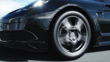 Köprüde siyah spor araba 3d modeli. Çok hızlı sürüş. gerçekçi 4k animasyon.
