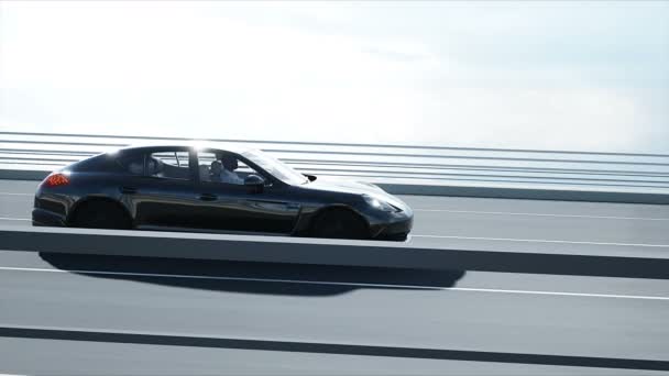 Modelo 3d de coche deportivo negro en el puente. Conduce muy rápido. animación 4K realista . — Vídeo de stock