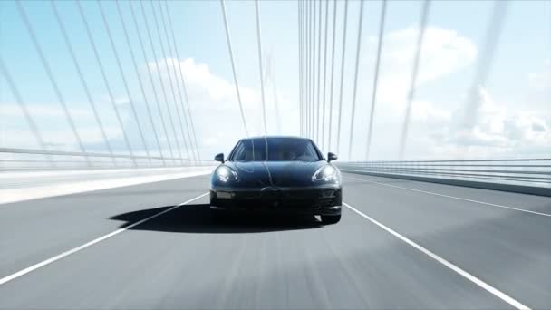 3D модель черного спортивного автомобиля на мосту. Очень быстрое вождение. реалистичная анимация 4K . — стоковое видео