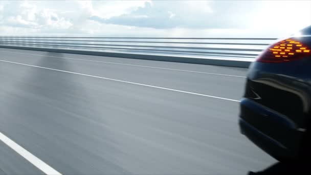 Modelo 3d de coche deportivo negro en el puente. Conduce muy rápido. animación 4K realista . — Vídeos de Stock