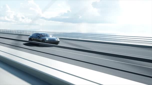 3D-Modell eines schwarzen Sportwagens auf der Brücke. sehr schnelles Fahren. realistische 4k-Animation. — Stockvideo