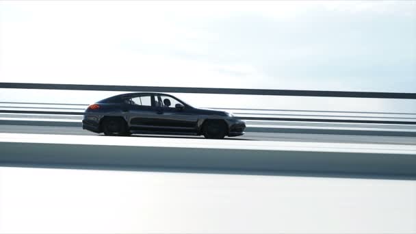 3d модель чорного спортивного автомобіля на мосту. Дуже швидке водіння. реалістична анімація 4K . — стокове відео