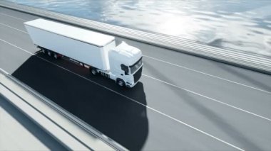 Köprüde beyaz kamyon 3d modeli. 4k animasyon.