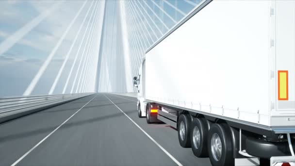 3D modell fehér teherautó a hídon. 4k animáció.