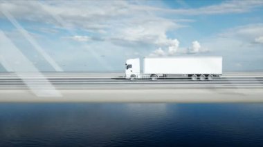 Köprüde beyaz kamyon 3d modeli. 4k animasyon.