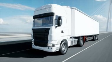 Köprüde beyaz kamyon 3d modeli. 4k animasyon.