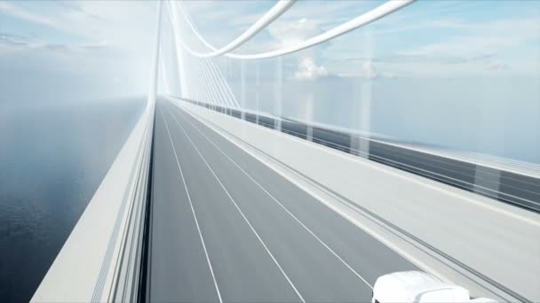 3D-model van de witte vrachtwagen op de brug. 4k-animatie. — Stockvideo