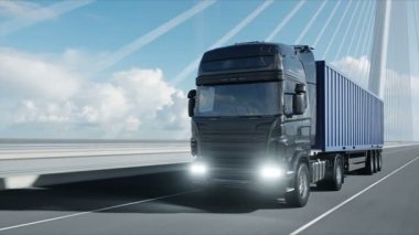 Köprüde kamyon 3d modeli. 4k animasyon.