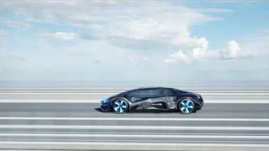 Köprüde siyah fütüristik araba 3d modeli. Çok hızlı sürüş. Gelecek kavramı. Gerçekçi 4k animasyon.