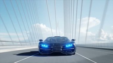 Köprüde siyah fütüristik araba 3d modeli. Çok hızlı sürüş. Gelecek kavramı. Gerçekçi 4k animasyon.