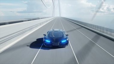 Köprüde siyah fütüristik araba 3d modeli. Çok hızlı sürüş. Gelecek kavramı. Gerçekçi 4k animasyon.