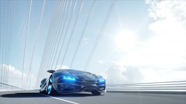 Köprüde siyah fütüristik araba 3d modeli. Çok hızlı sürüş. Gelecek kavramı. Gerçekçi 4k animasyon.