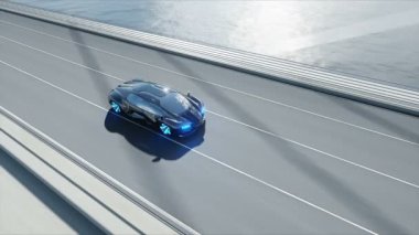 Köprüde siyah fütüristik araba 3d modeli. Çok hızlı sürüş. Gelecek kavramı. Gerçekçi 4k animasyon.