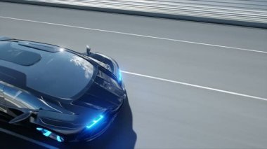 Köprüde siyah fütüristik araba 3d modeli. Çok hızlı sürüş. Gelecek kavramı. Gerçekçi 4k animasyon.