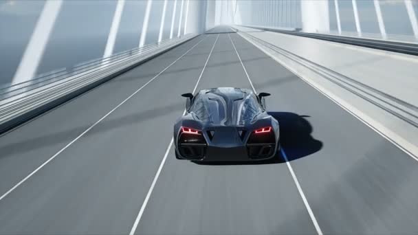 3d модель черного футуристического автомобиля на мосту. Очень быстрое вождение. Концепция будущего. Реалистичная анимация 4k . — стоковое видео