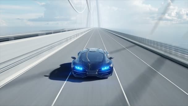 Modelo 3d de coche futurista negro en el puente. Conduce muy rápido. Concepto de futuro. Animación realista 4k . — Vídeo de stock