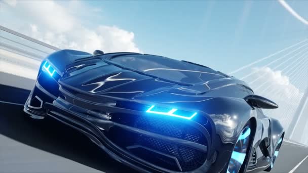 3D-modell av svart futuristisk bil på bryggan. Mycket snabb körning. Framtidskoncept. Realistisk 4K-animering. — Stockvideo